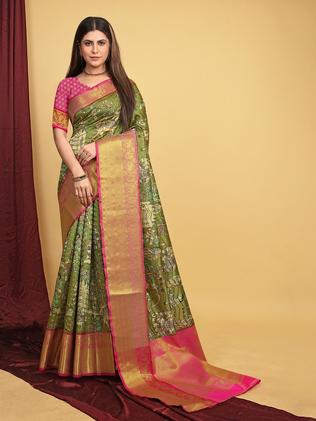 

AVANTIKA FASHION Ethnic Motifs Printed Zari Pure Silk Kanjeevaram Saree, Green