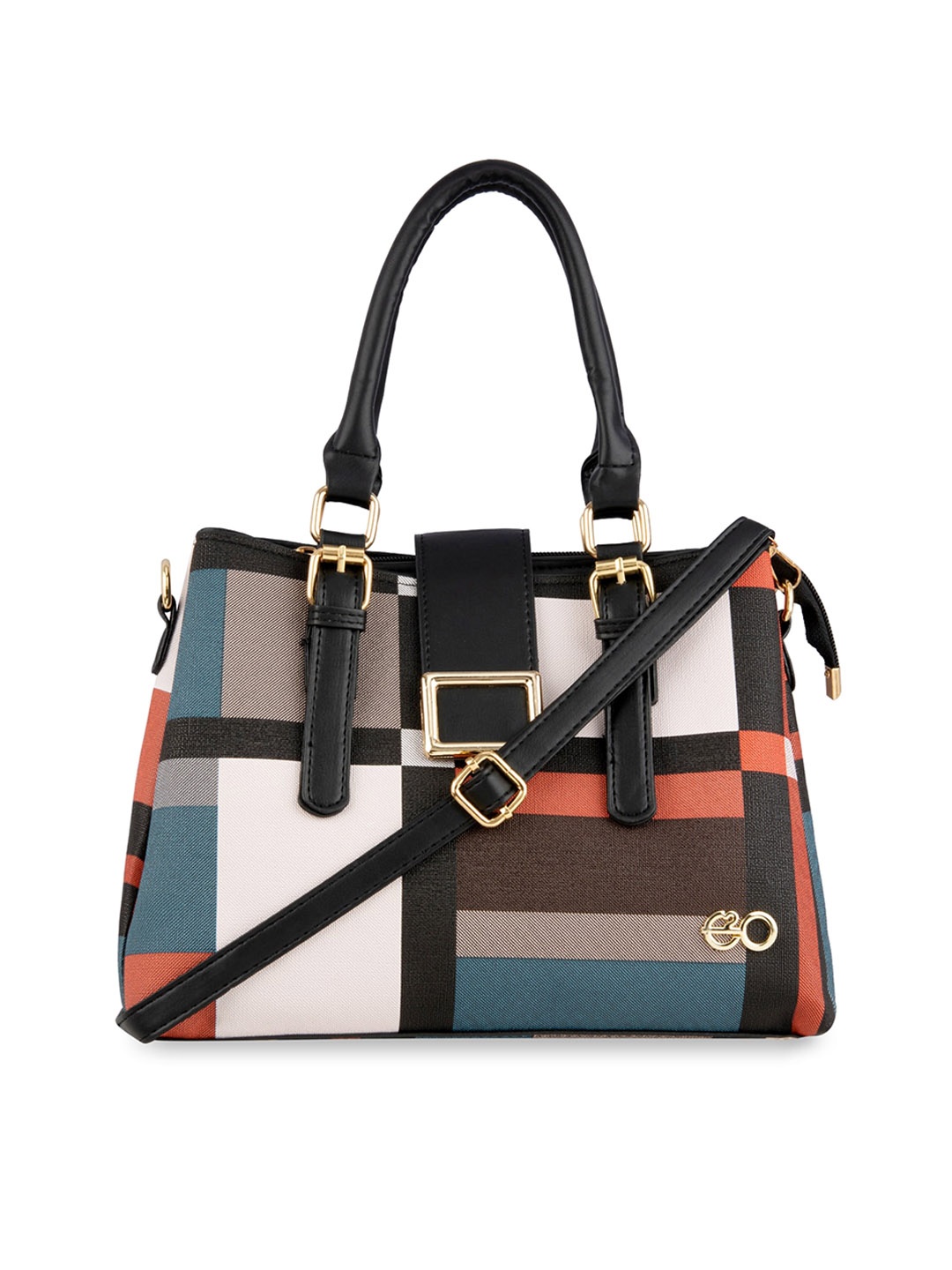 

E2O Checked Structured Handheld Bag with Buckles, Orange