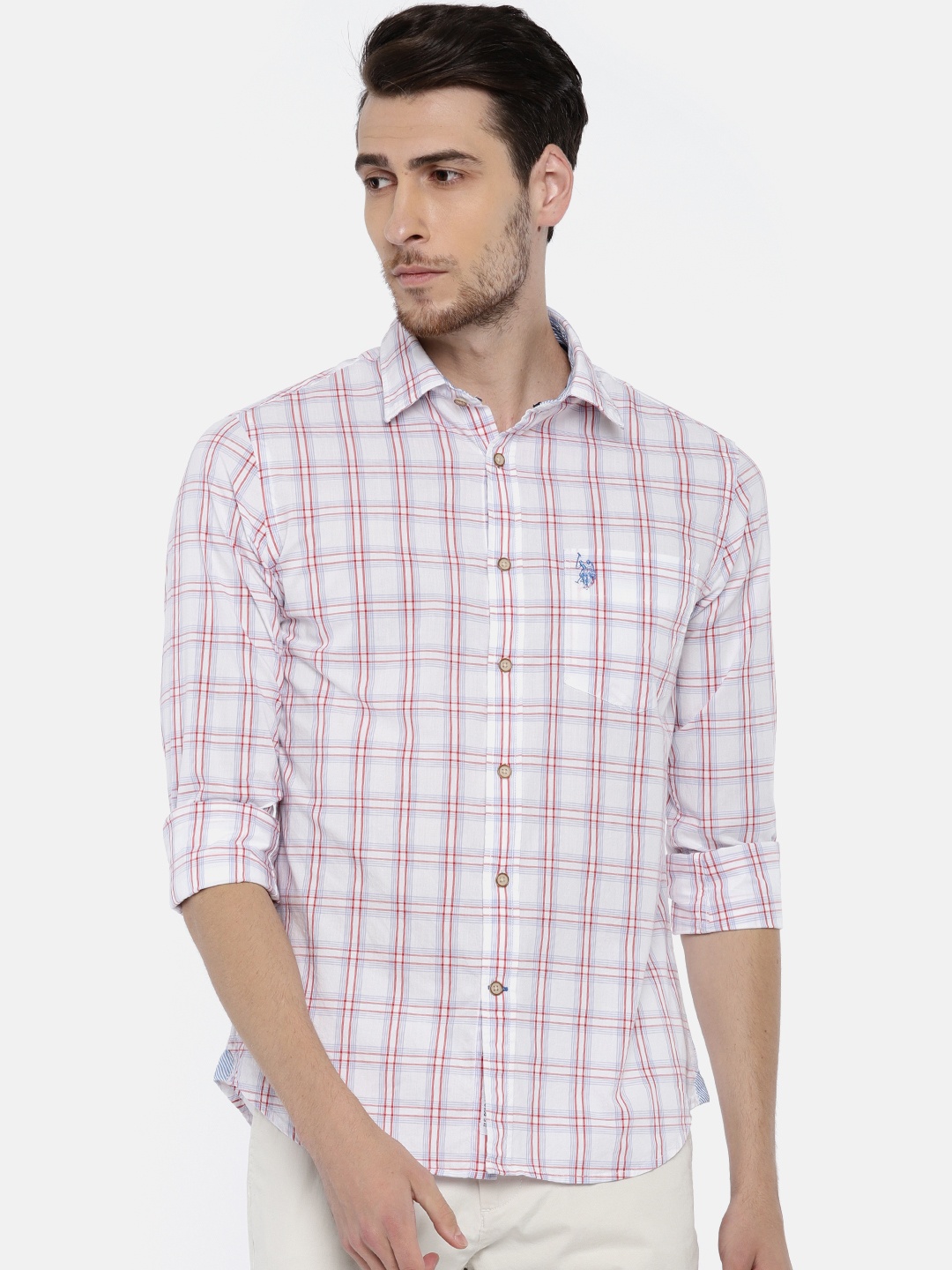 

U.S. Polo Assn. Men White & Red Tailored Fit Checked Casual Shirt