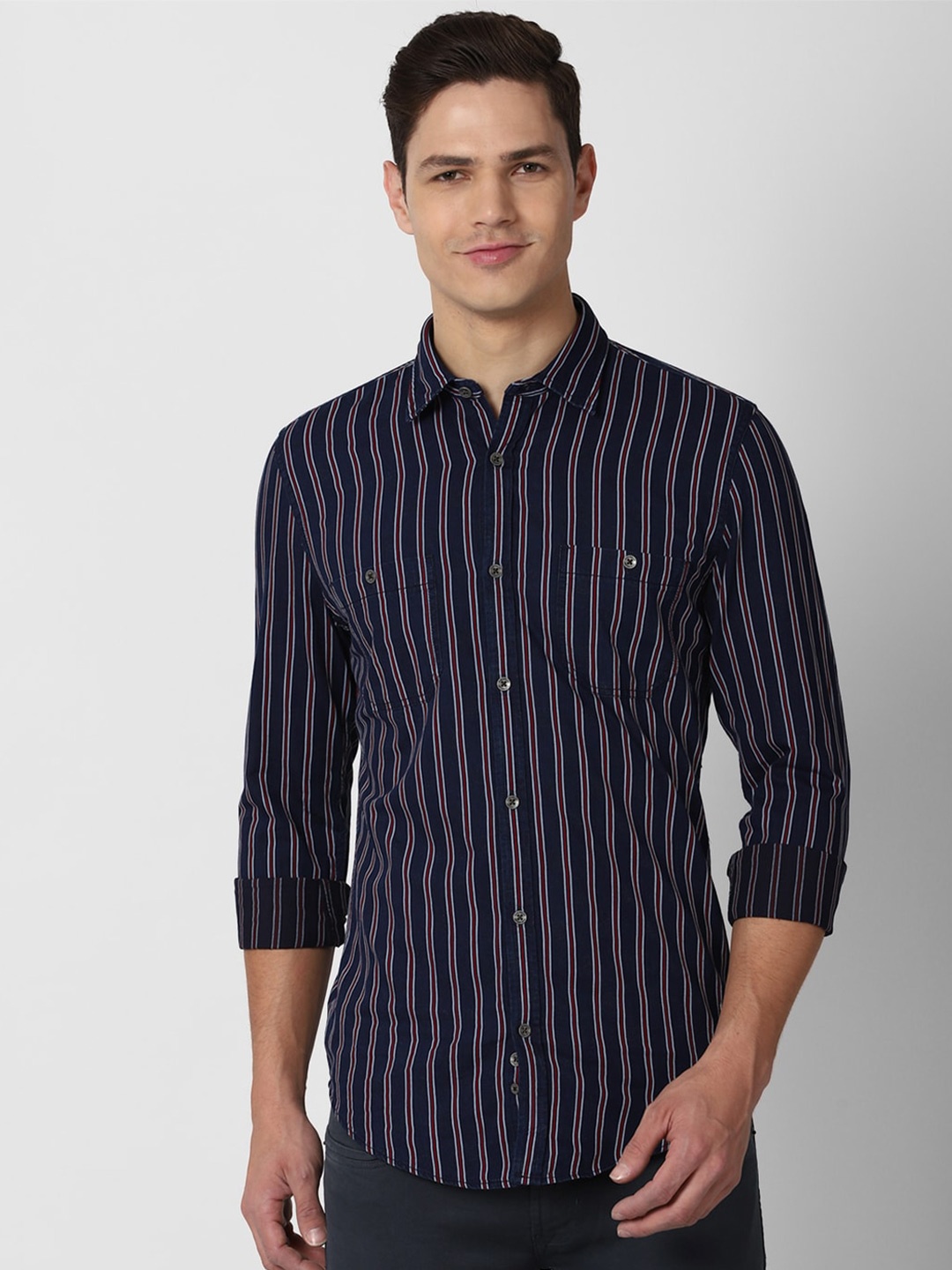 

Peter England Casuals Men Striped Cotton Slim Fit Opaque Casual Shirt, Navy blue