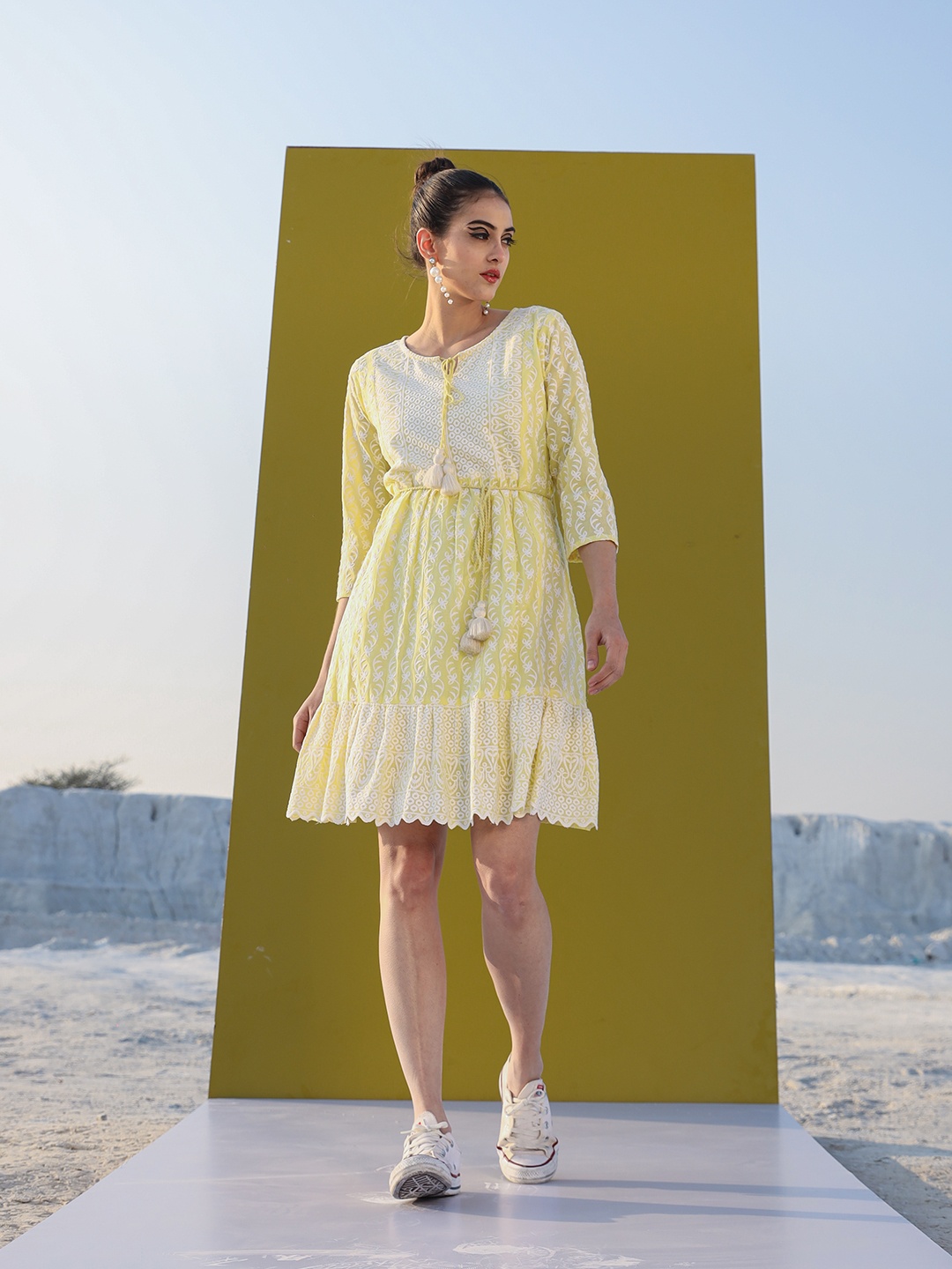 

Ittarr Floral Embroidered Tie-Up Neck A-Line Dress With Belt, Yellow