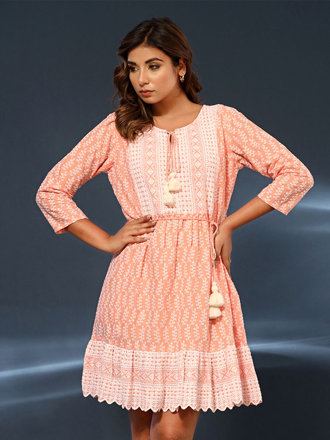 

Ittarr Floral Embroidered Tie-Up Neck Cotton A-Line Dress, Peach