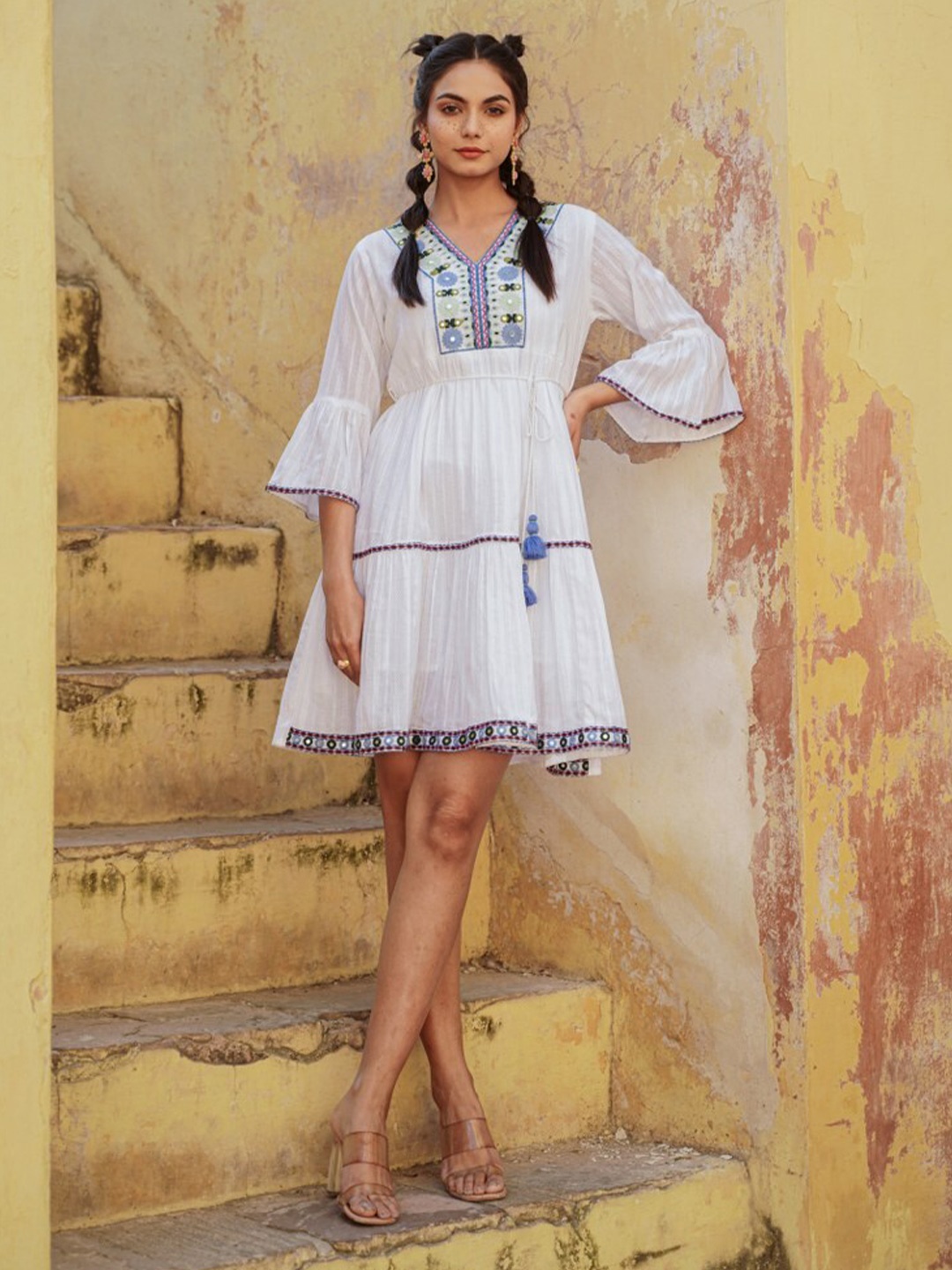 

Ittarr Floral Embroidered V-Neck Tie-Up Bell Sleeve Cotton Fit& Flare Dress, Off white