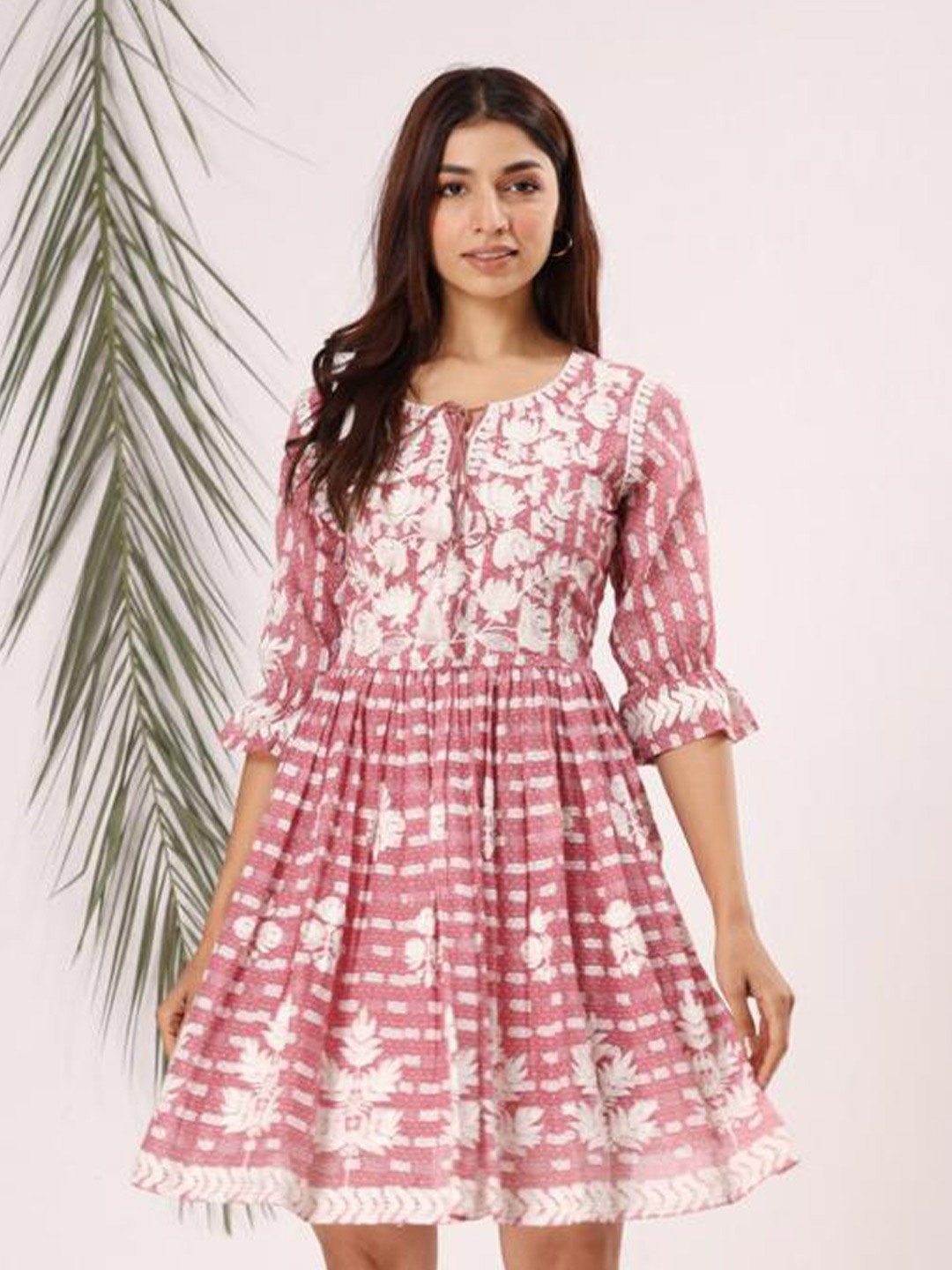 

Ittarr Floral Embroidered Tie-Up Neck Puff Sleeve Fit & Flare Cotton Dress, Pink
