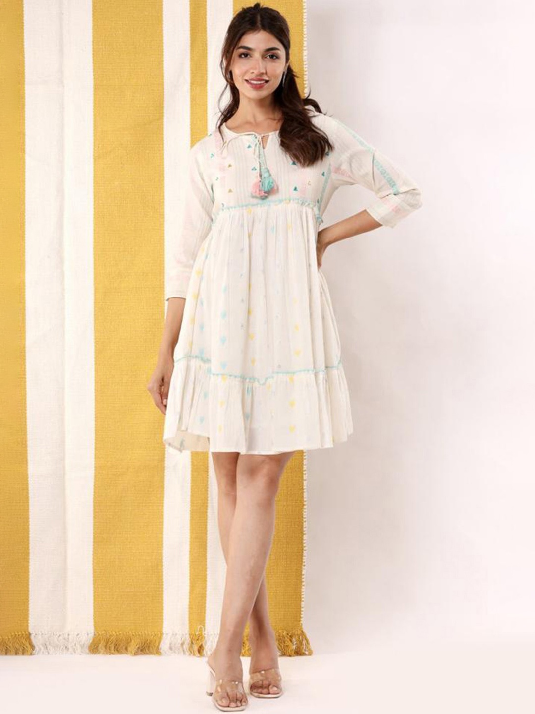 

Ittarr Embroidered Tie-Up Neck Empire Cotton Dress, Off white