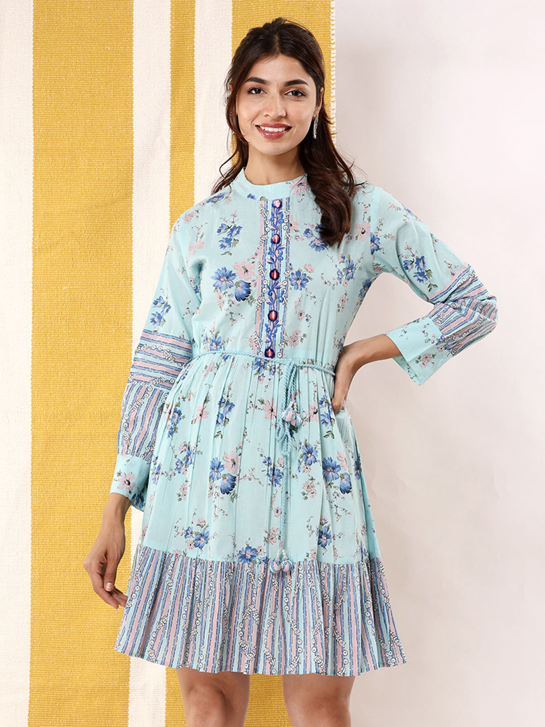 

Ittarr Floral Printed High Neck Tie-Up Fit & Flare Flounce Hem Cotton Dress, Turquoise blue