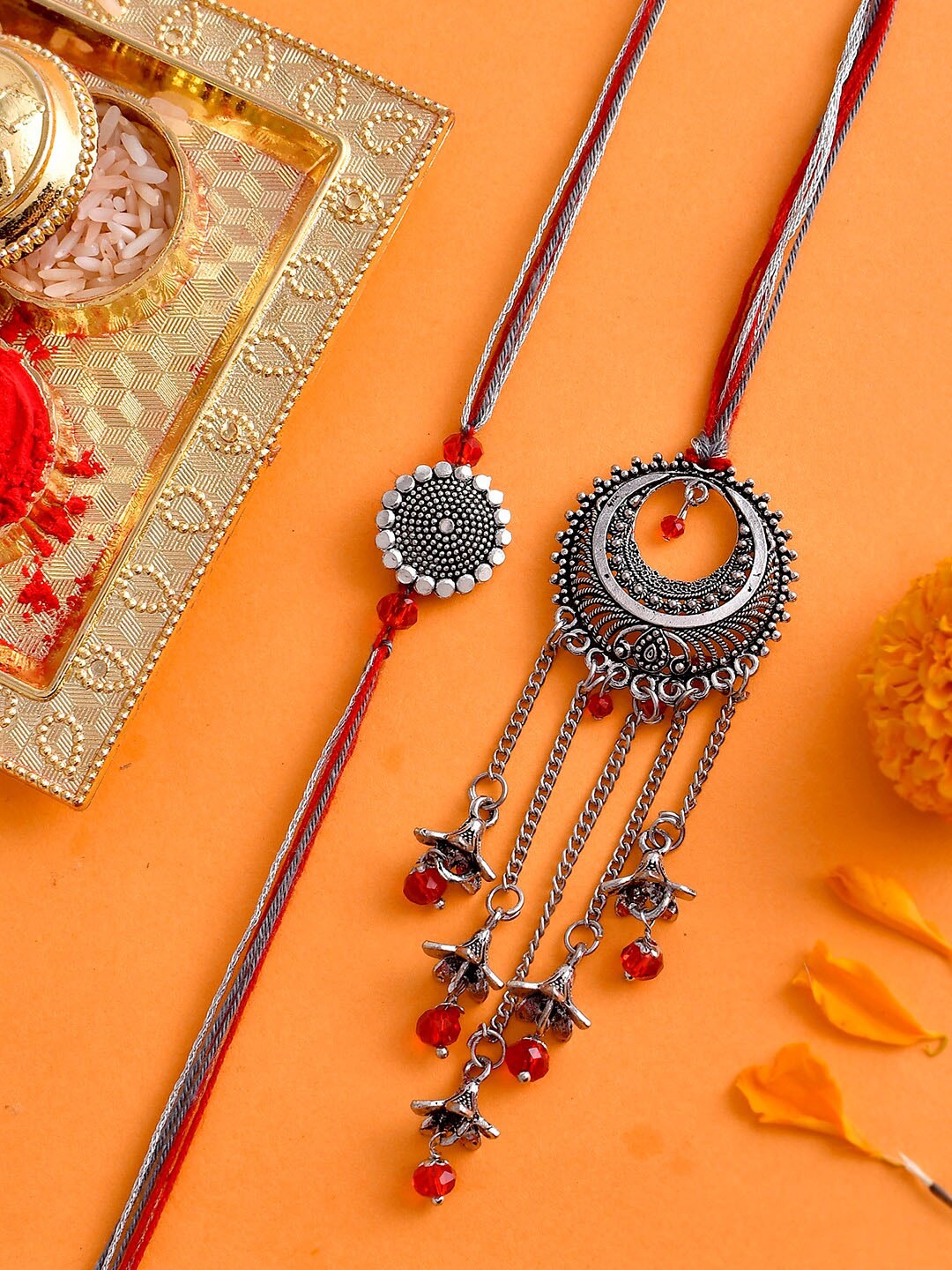 

Voylla Set Of 2 Ethnic Lightly Embellished Bhaiya-Bhabhi Rakhi, Red
