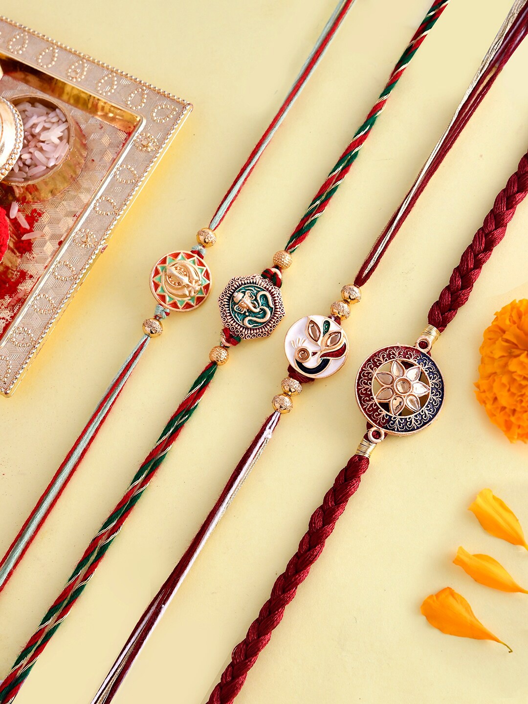 

Voylla Set Of 4 Gold-Plated Stone-Studded Rakhi, Red