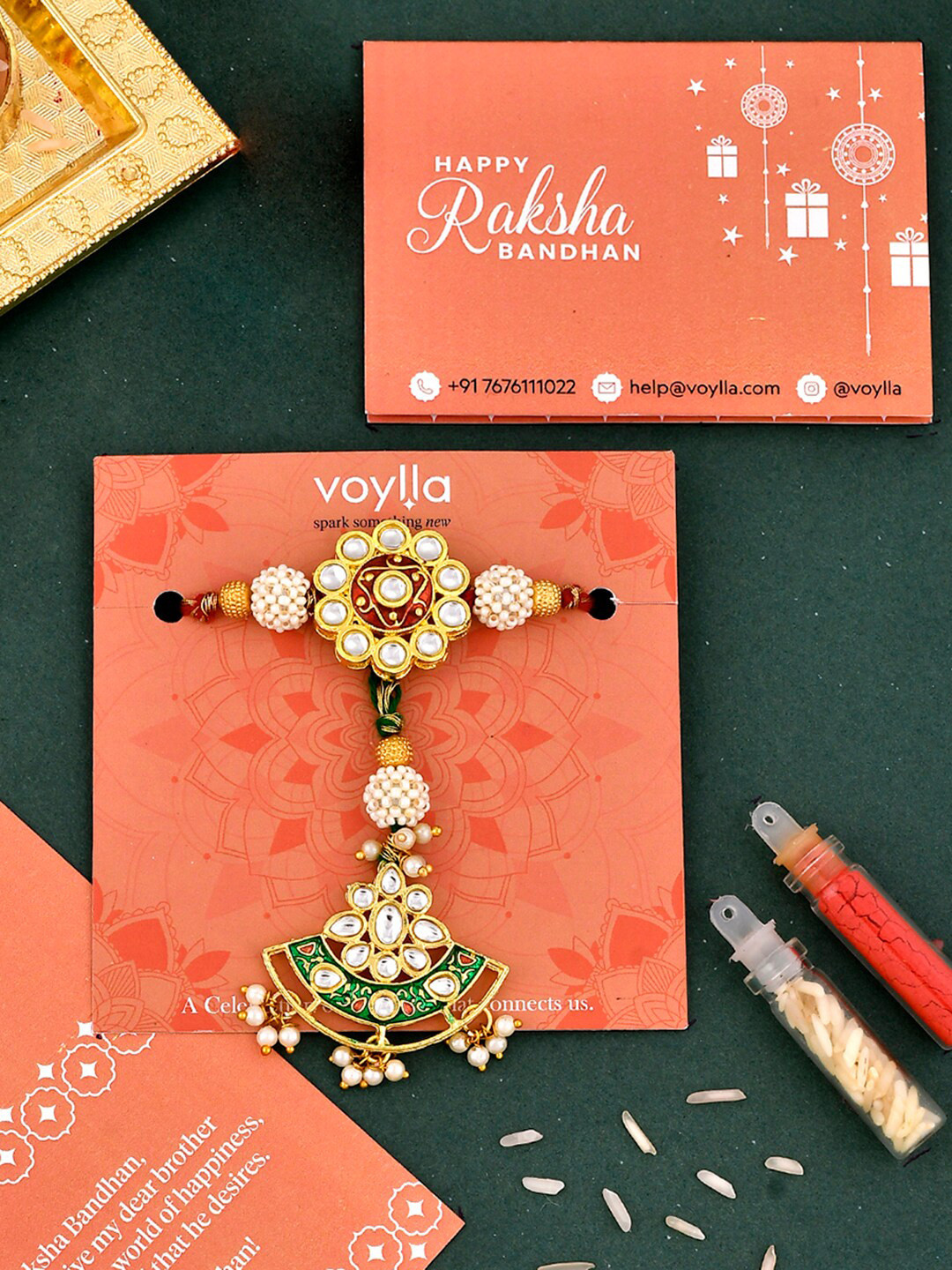 

Voylla Set Of 2 Kundan Polki Traditional Rakhi, Red