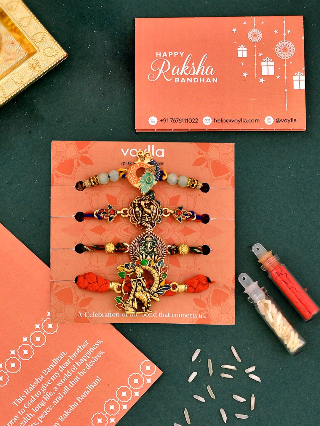

Voylla Set of 4 Lord Krishna & Ganesha Beaded Thread Rakhis, Gold