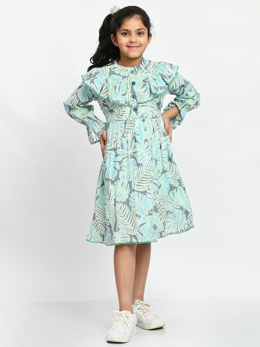 

Bella Moda Girls Tropical Printed Ruffles Bell Sleeves Cotton Fit & Flare Dress, Grey