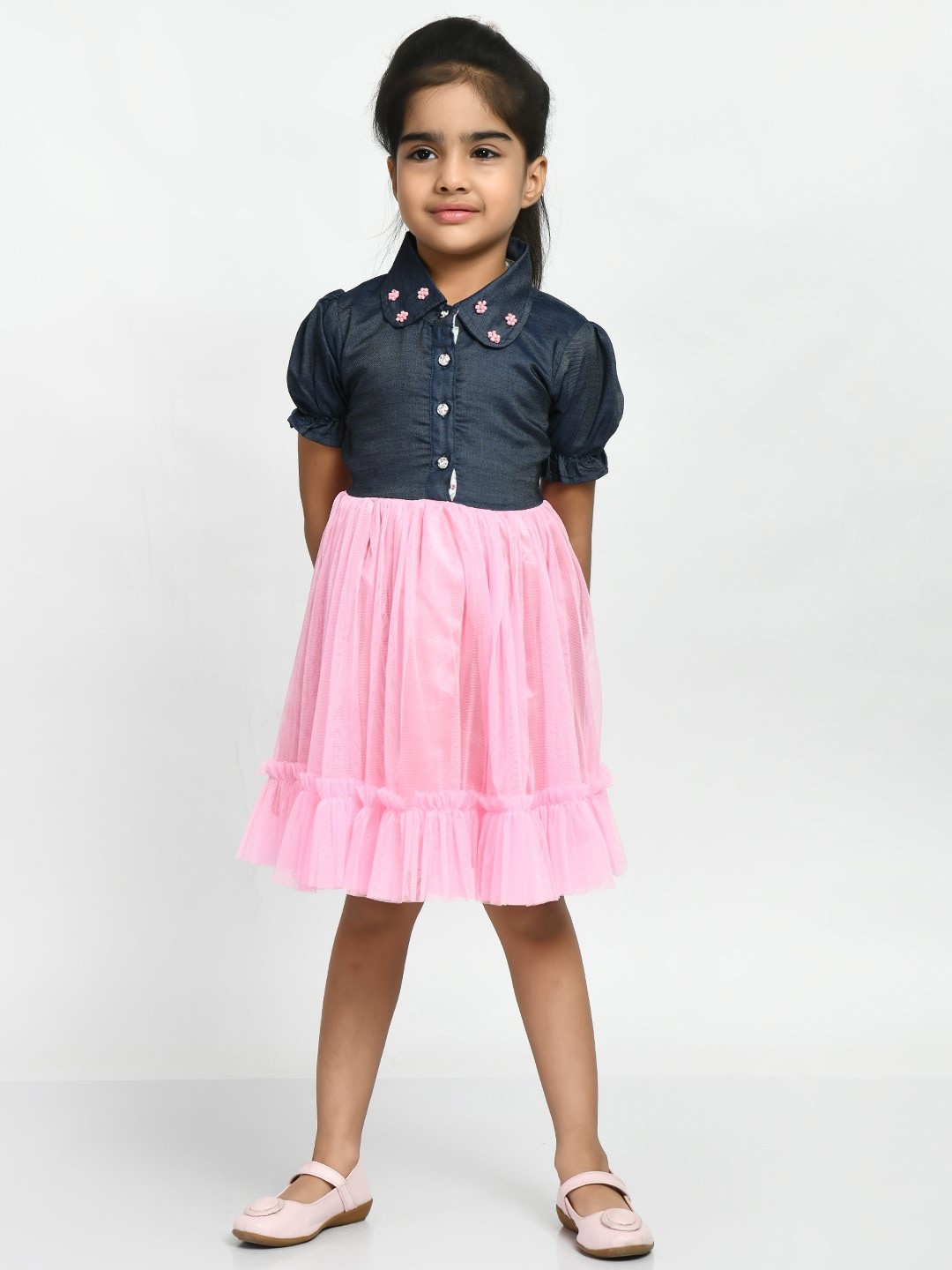 

Bella Moda Girls Colourblocked Puff Sleeves Shirt Dress, Blue