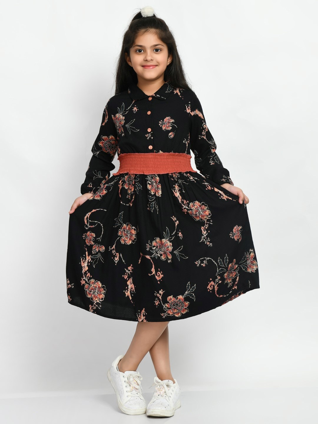 

Bella Moda Girls Floral Printed Smocked Cotton Fit & Flare Midi Dress, Black