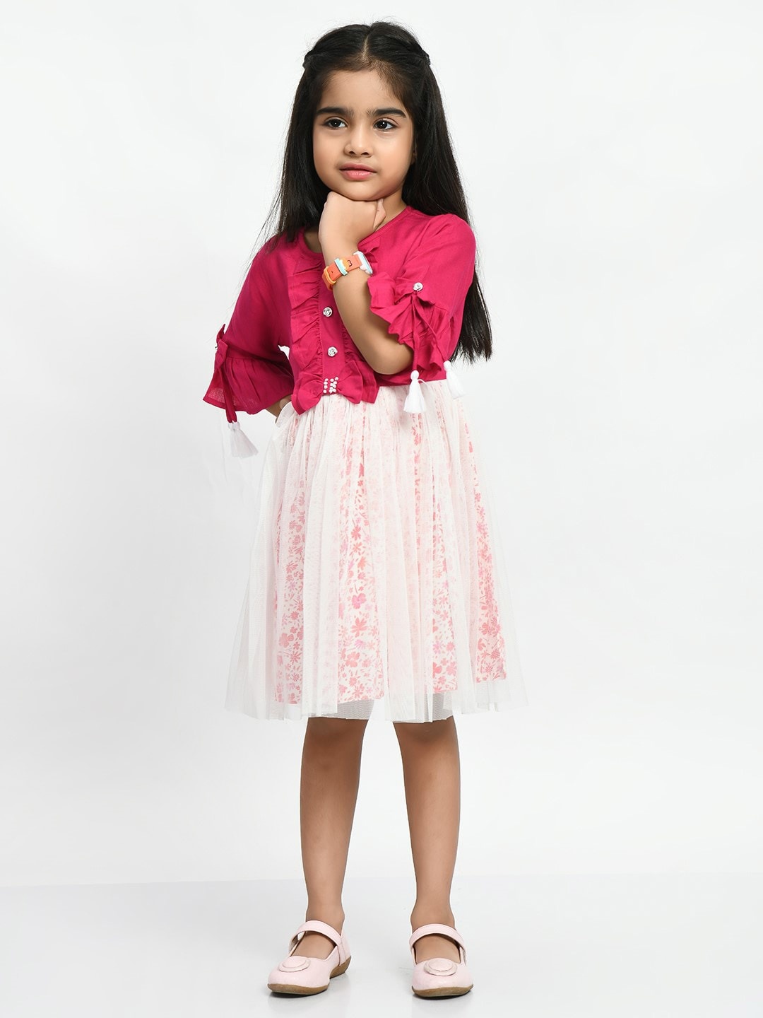 

Bella Moda Girls Floral Printed Gathered Bell Sleeves Cotton Fit & Flare Dress, Magenta