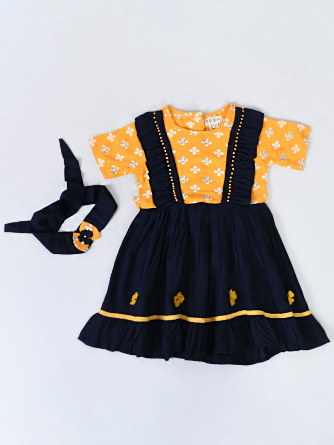 

Bella Moda Girls Printed Pure Cotton Fit & Flare Dress, Navy blue