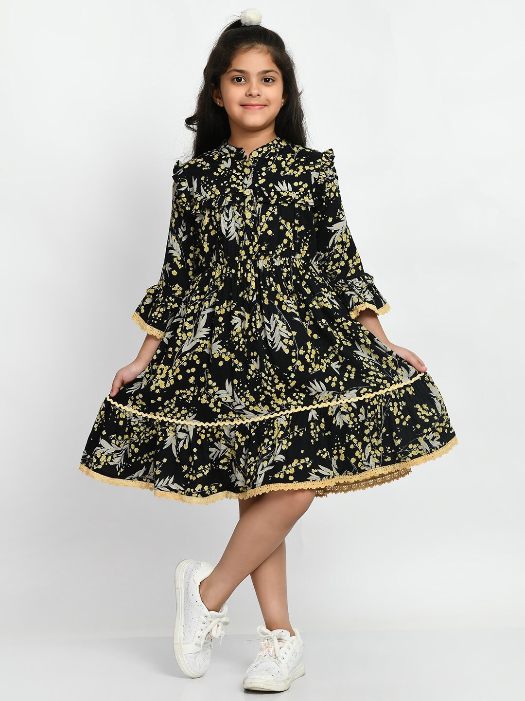 

Bella Moda Girls Floral Printed Mandarin Collar Bell Sleeves Pure Cotton Fit & Flare Dress, Black