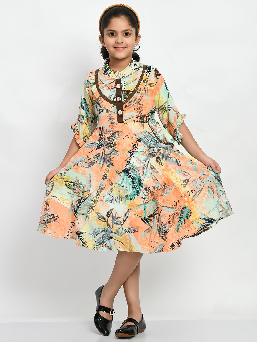 

Bella Moda Girls Floral Printed Pure Cotton Fit & Flare Dress, Orange