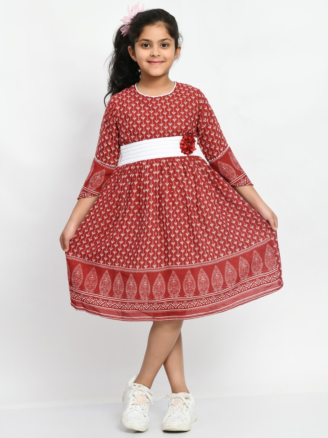 

Bella Moda Girls Ethnic Motifs Printed Cotton Fit & Flare Dress, Maroon