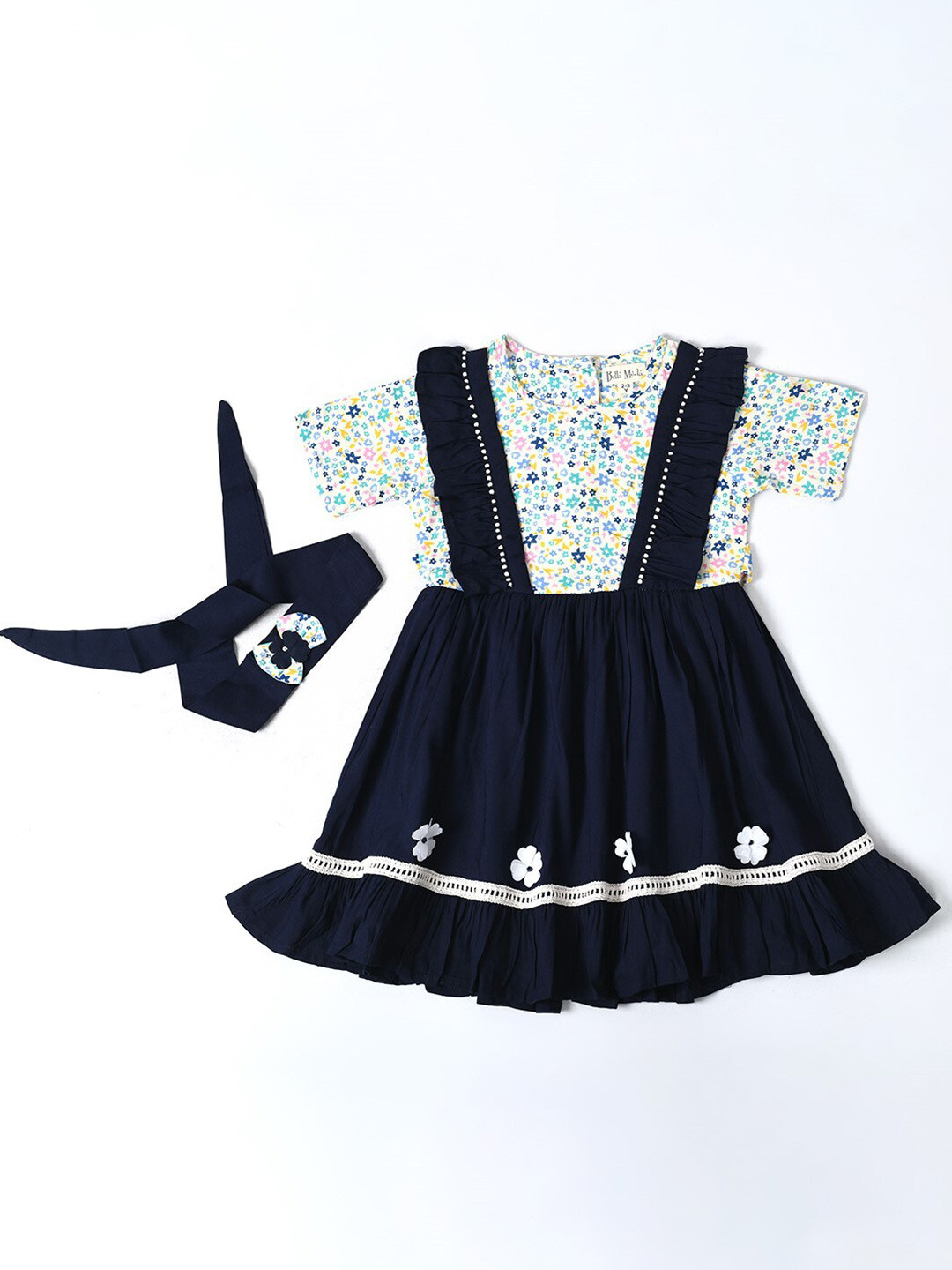 

Bella Moda Girls Round Neck Pure Cotton Fit & Flare Dress, Navy blue