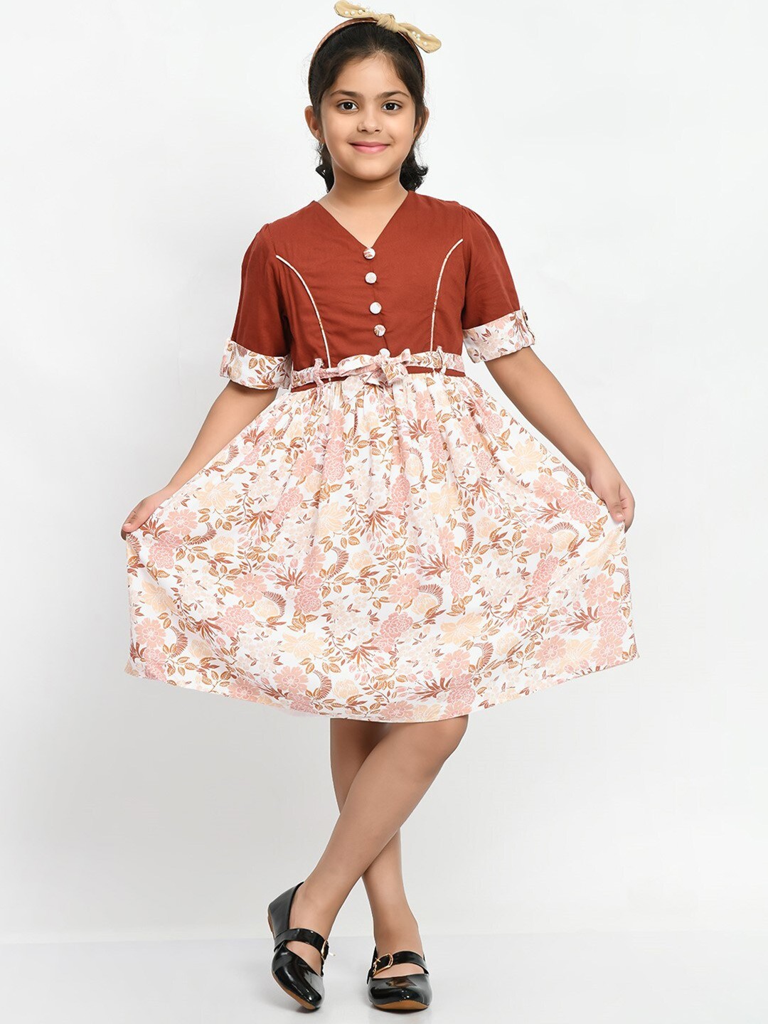 

Bella Moda Girls Floral Printed V-Neck Roll-Up Sleeves Fit & Flare Dress, Rust