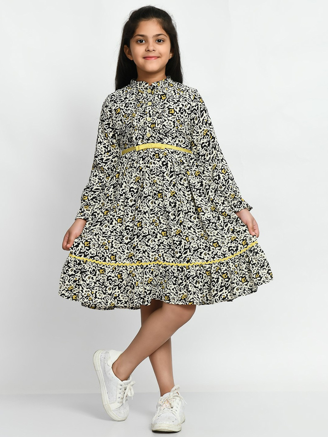 

Bella Moda Girls Floral Printed High Neck Pure Cotton Fit & Flare Dress, Black