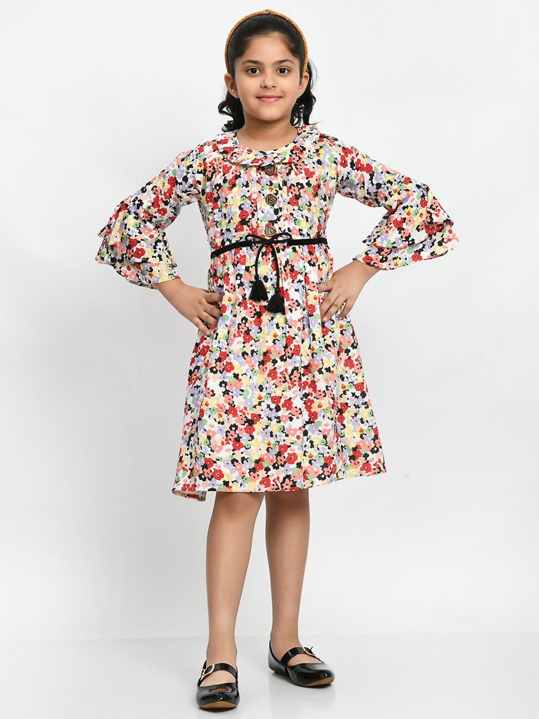 

Bella Moda Girls Floral Printed Bell Sleeves Pure Cotton Fit & Flare Dress, White