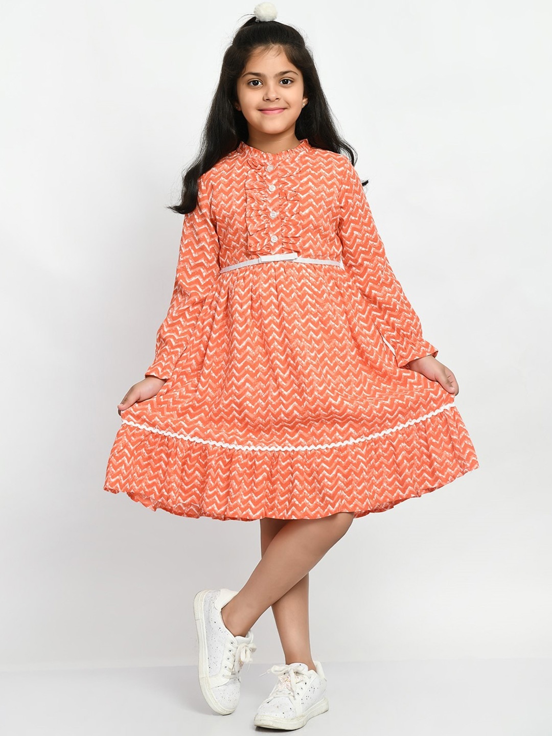 

Bella Moda Girls Chevron Printed Mandarin Collar Puff Sleeve Cotton Fit & Flare Dress, Orange