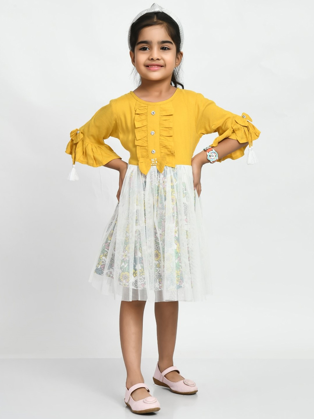 

Bella Moda Girls Ruffle Detailed Bell Sleeve Fit & Flare Dress, Yellow