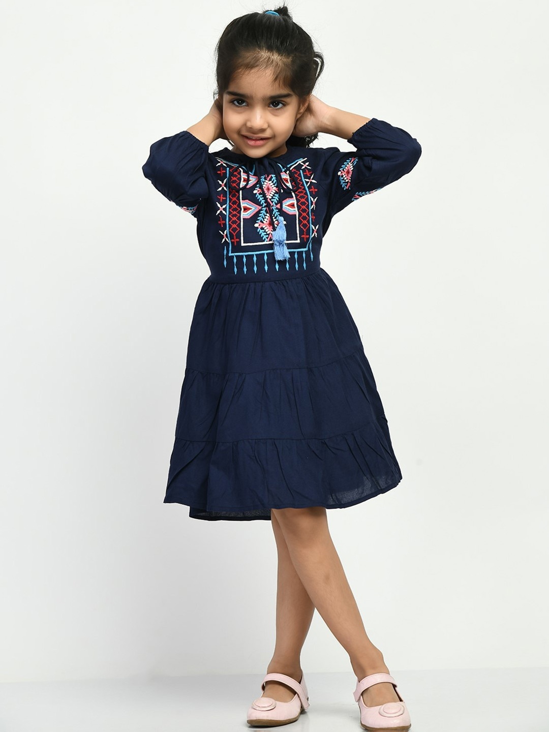 

Bella Moda Girls Embroidered Tie-Up Neck Tiered Fit & Flare Dress, Navy blue