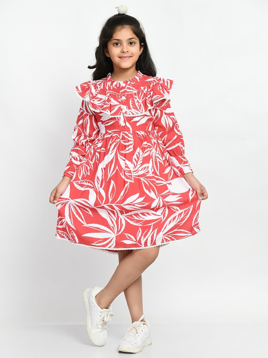 

Bella Moda Girls Tropical Printed Cuffed Sleeves Cotton Fit & Flare Dress, Red