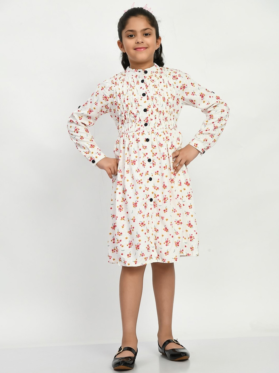 

Bella Moda Girls Floral Printed Mandarin Collar Fit & Flare Dress, White