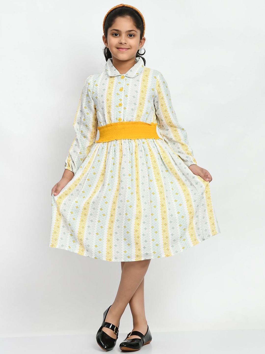 

Bella Moda Girls Geometric Printed Shirt Collar Smocked Pure Cotton Fit & Flare Dress, Yellow