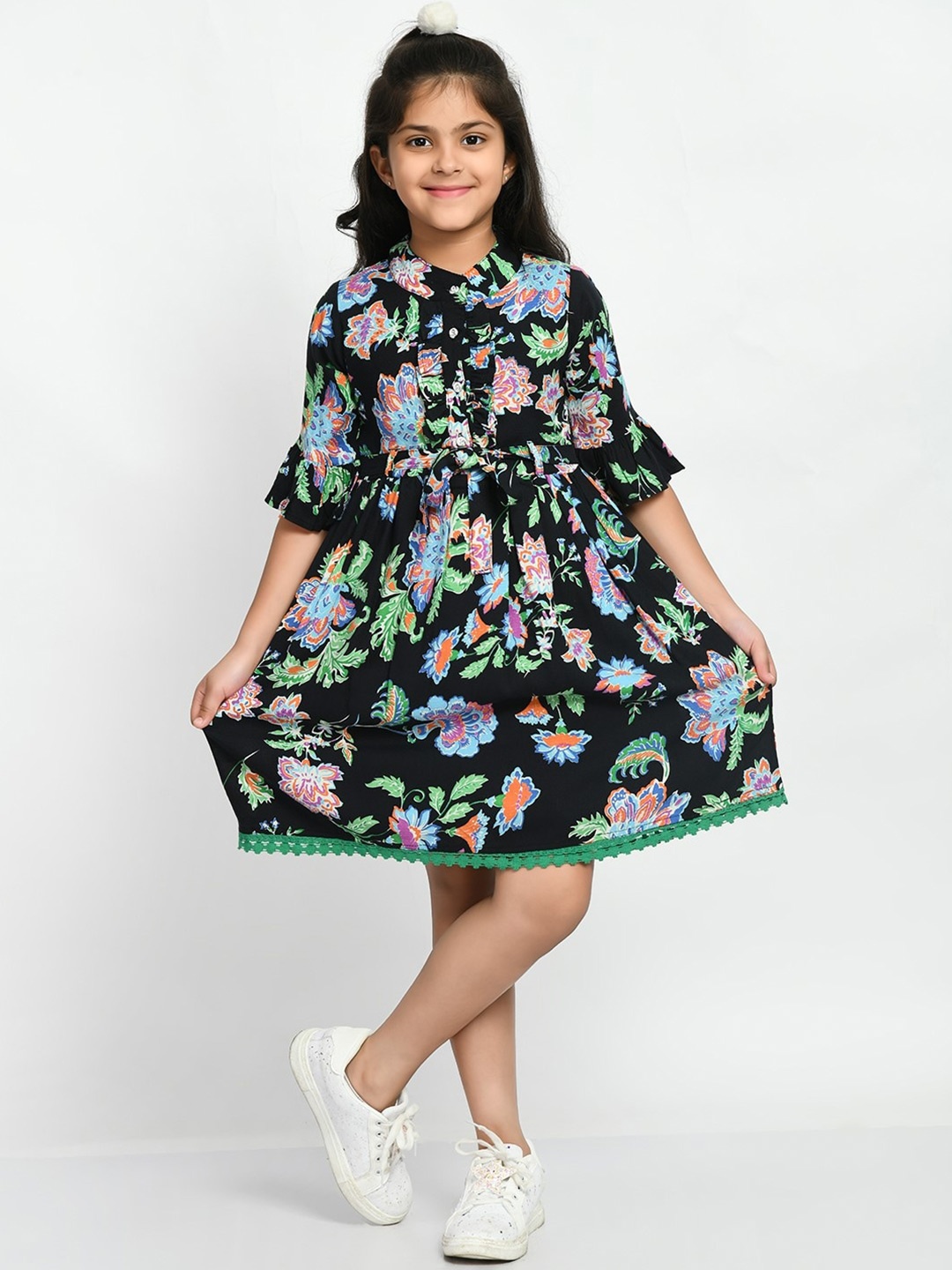 

Bella Moda Floral Printed Bell Sleeves Cotton Fit & Flare Dress, Black