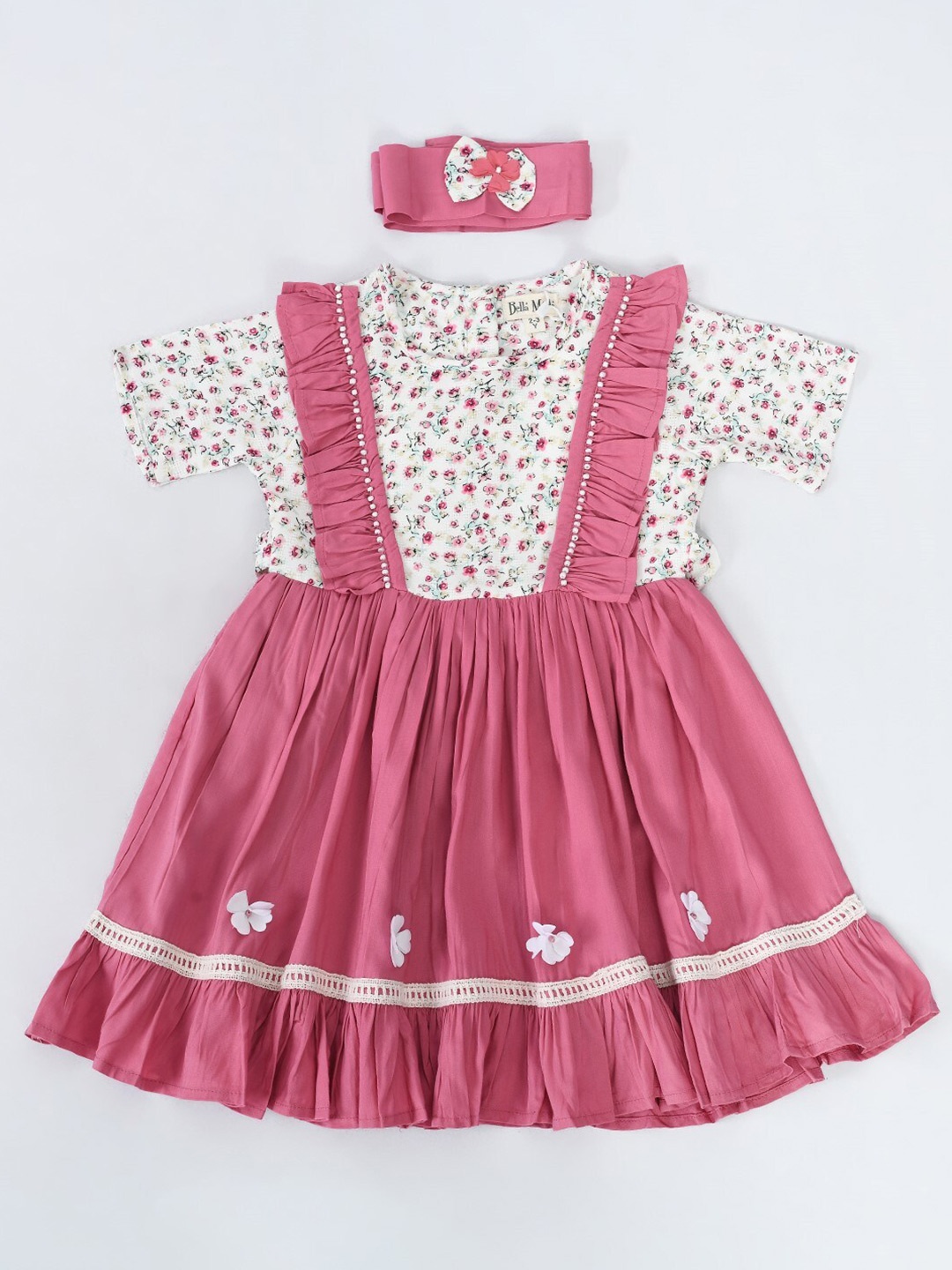 

Bella Moda Girls Floral Printed Pure Cotton Fit & Flare Dress, Pink