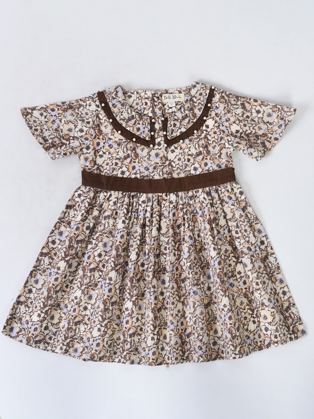

Bella Moda Infant Girls Floral Printed Peter Pan Collar Flared Sleeves Fit & Flare Dress, Brown