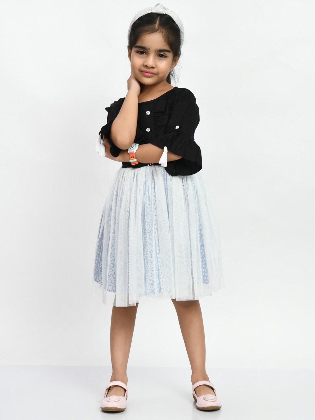 

Bella Moda Girls Gathered Detailed Bell Sleeves Pure Cotton Fit & Flare Dress, Black