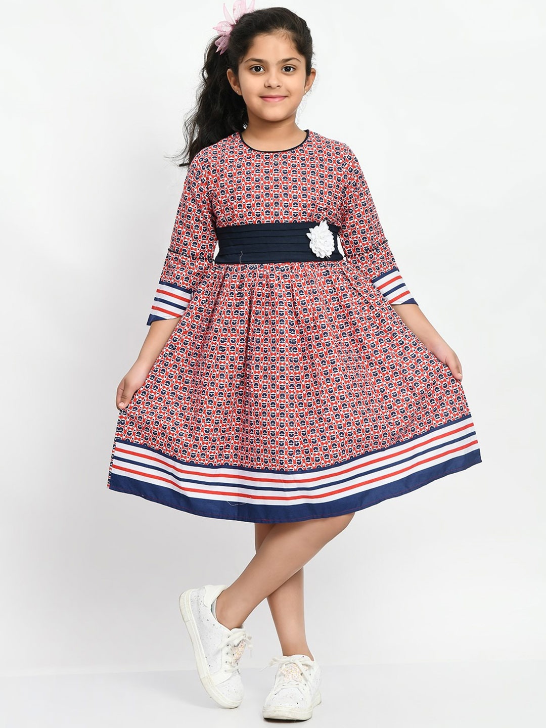 

Bella Moda Girls Floral Printed Gathered Cotton Fit & Flare Dress, Red