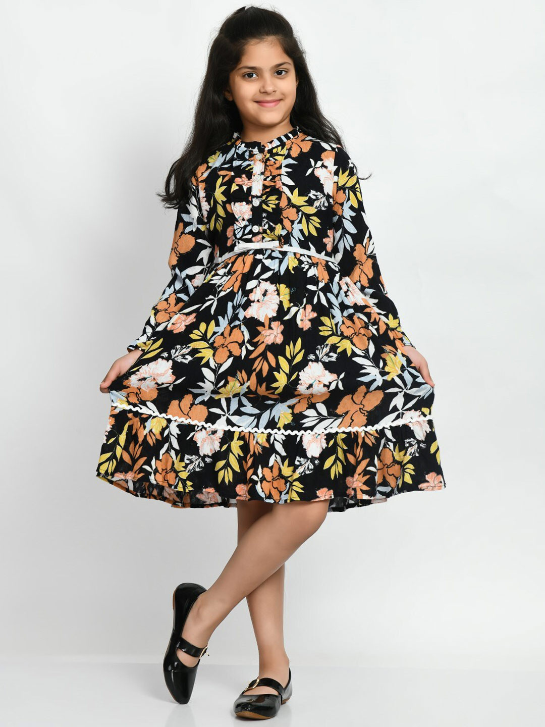 

Bella Moda Girl Floral Printed Mandarin Collar Cotton Fit & Flare Dress, Black