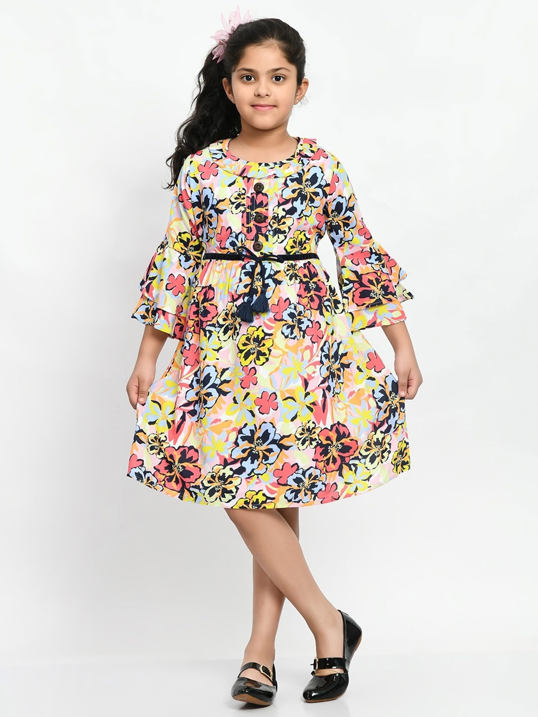 

Bella Moda Girls Floral Printed Bell Sleeves Pure Cotton Fit & Flare Dress, Pink