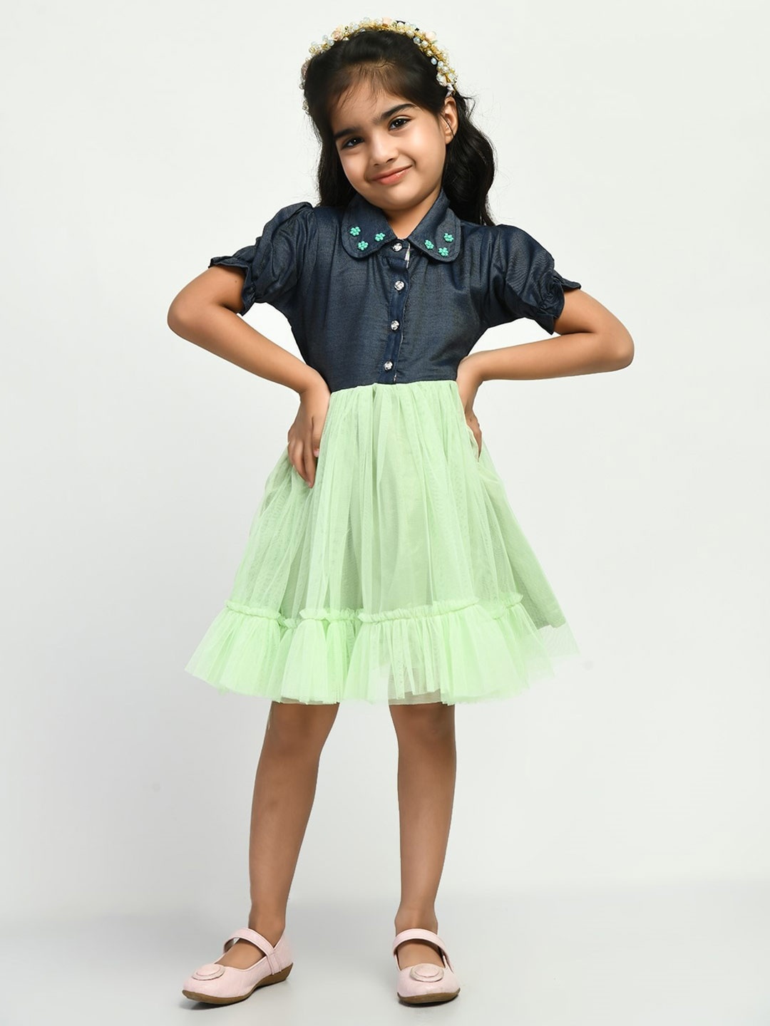 

Bella Moda Girls Shirt Collar Fit & Flare Dress, Green