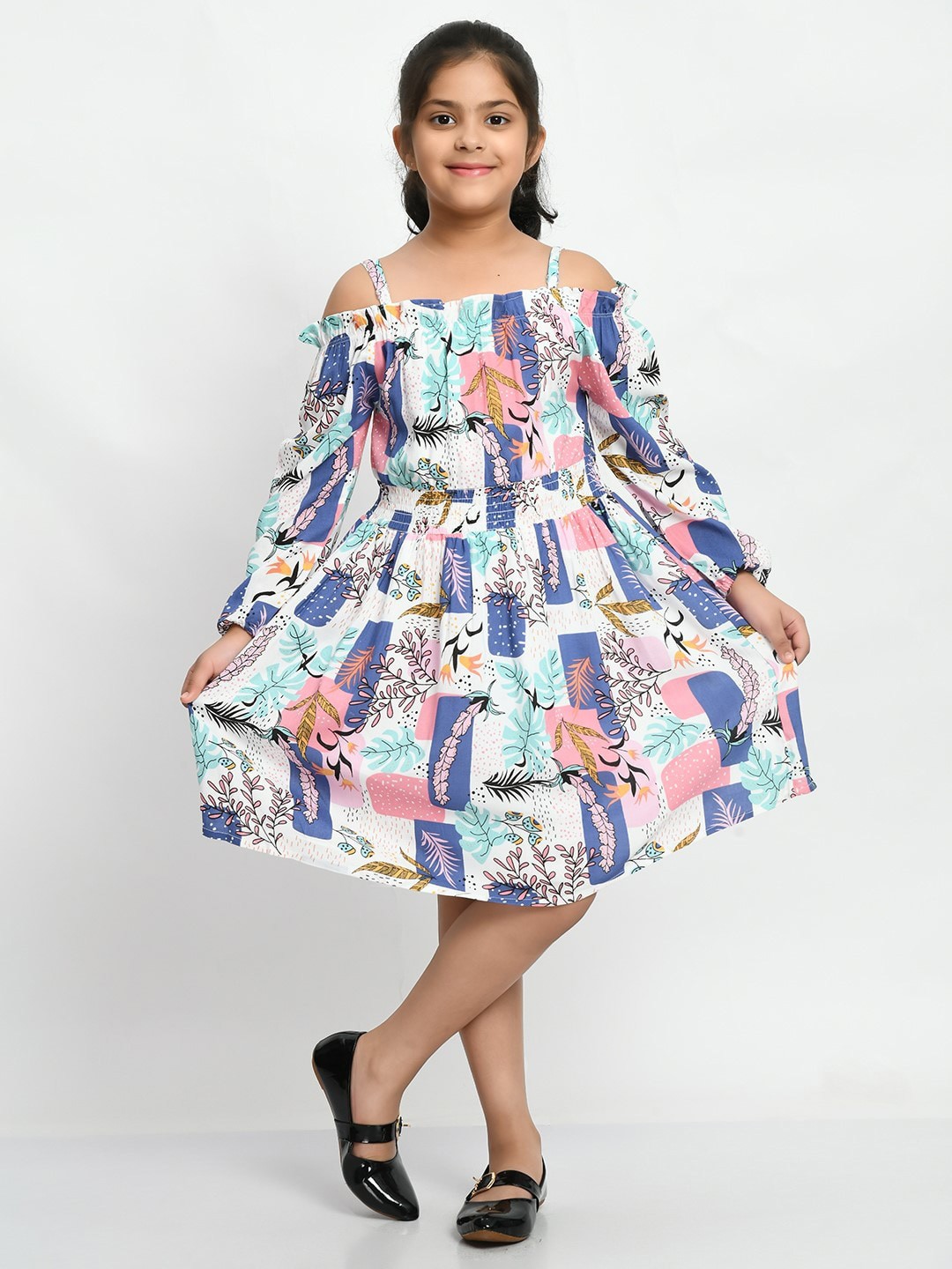 

Bella Moda Girls Graphic Printed Pleated Cold-Shoulder Cotton Fit And Flare Dress, White