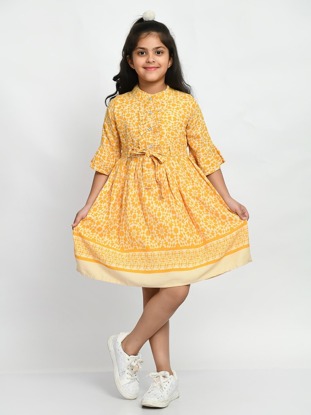 

Bella Moda Girls Ethnic Printed Mandarin Collar Cotton Fit & Flare Dress, Yellow