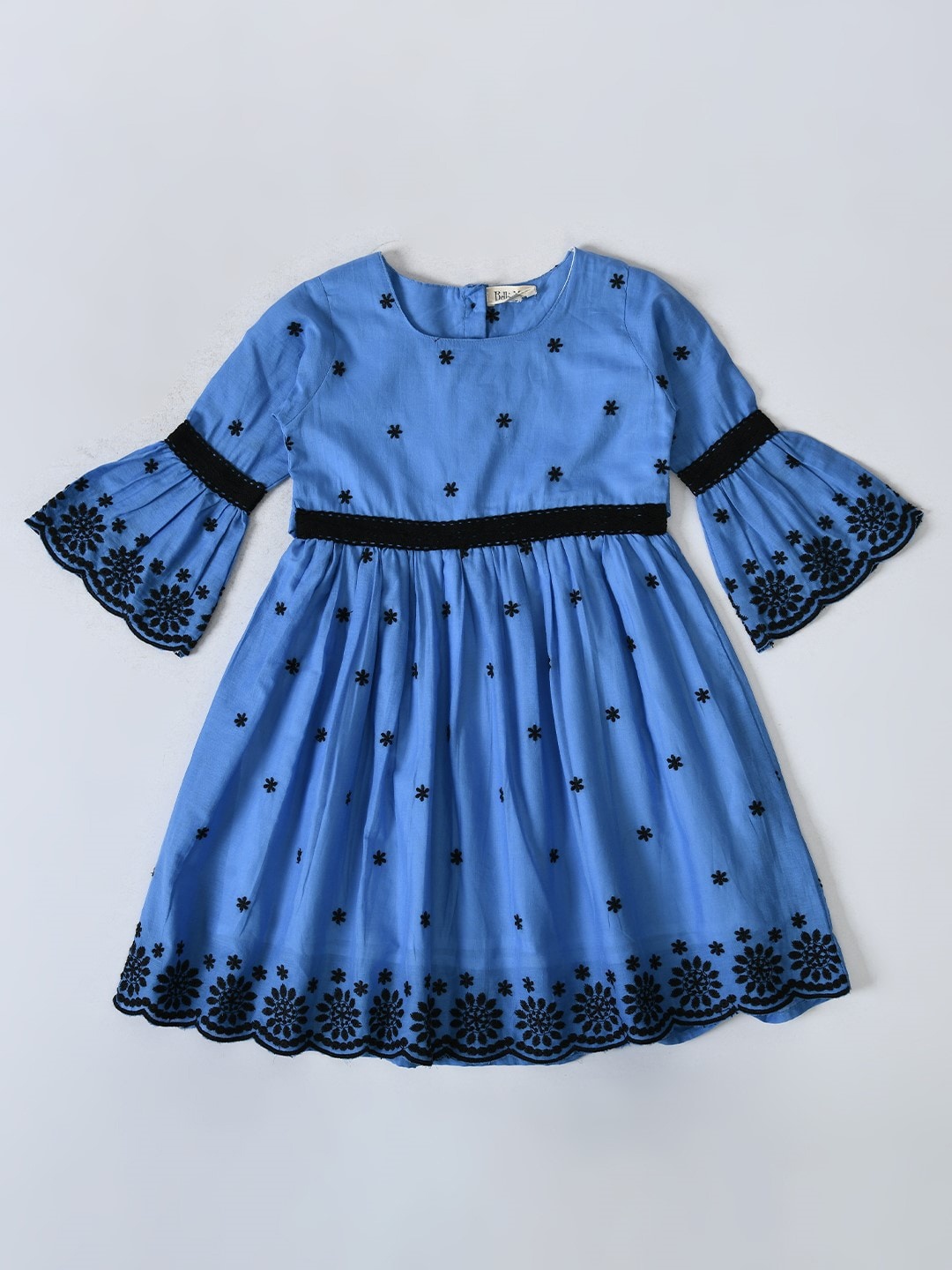 

Bella Moda Girls Embellished Bell Sleeves Lace Inserts Cotton Fit & Flare Dress, Blue