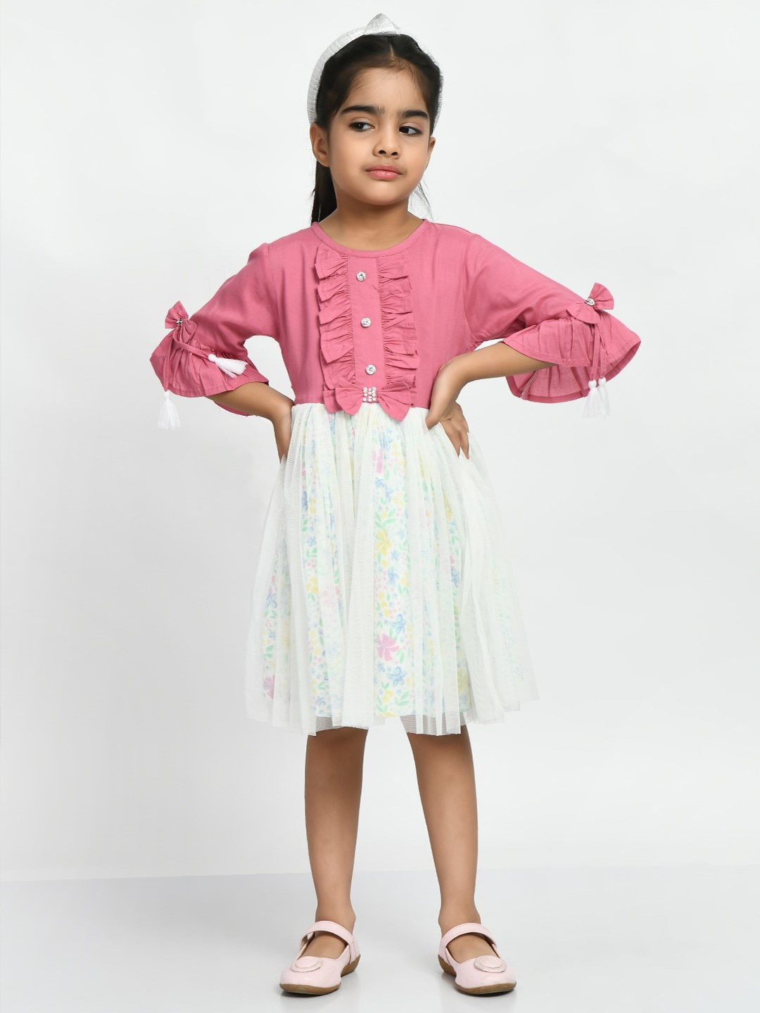 

Bella Moda Girls Floral Printed Bell Sleeves Pure Cotton Fit & Flare Dress, Pink