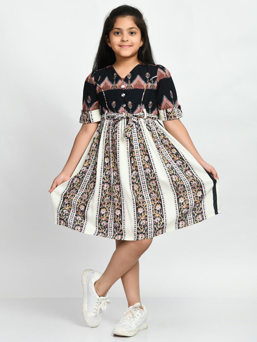 

Bella Moda Girls Ethnic Printed Gathered V-Neck Cotton Fit And Flare Dress, Black