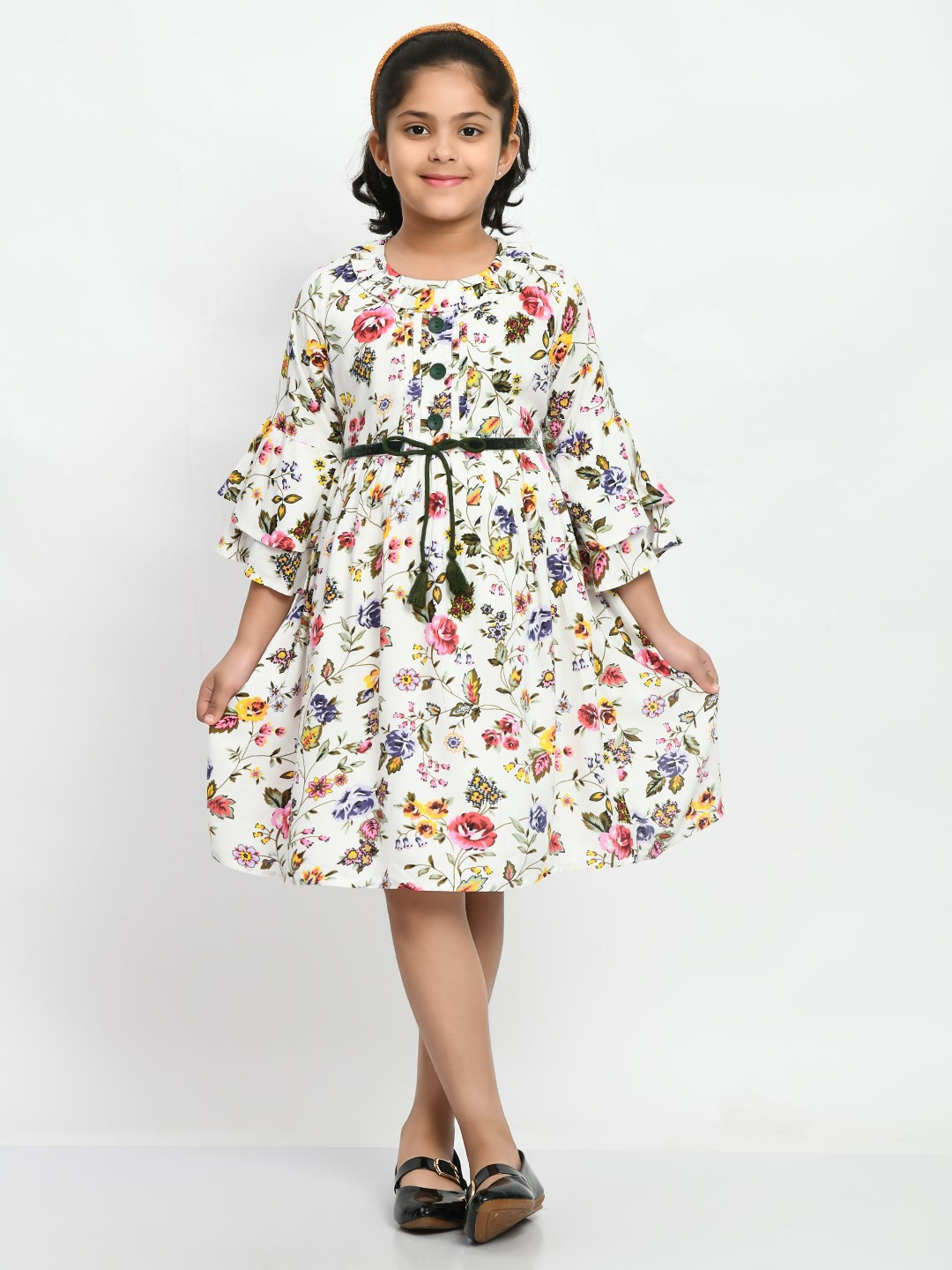 

Bella Moda Girls Floral Printed Pleated Bell Sleeve Cotton Fit & Flare Dress, White