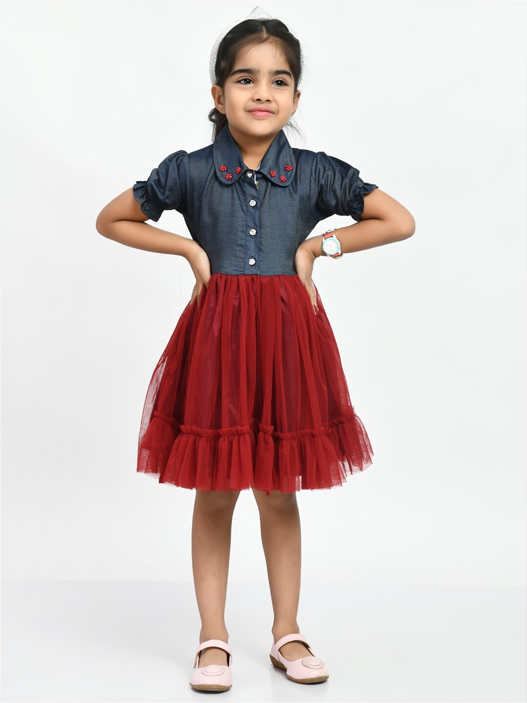 

Bella Moda Girls Peter Pan Collar Puff Sleeves Satin Fit & Flare Dress, Maroon