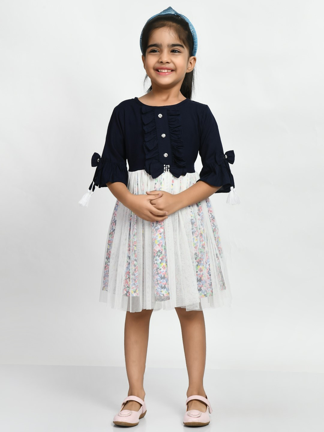 

Bella Moda Girls Round Neck Bell Sleeves Pure Cotton Fit & Flare Dress, Navy blue