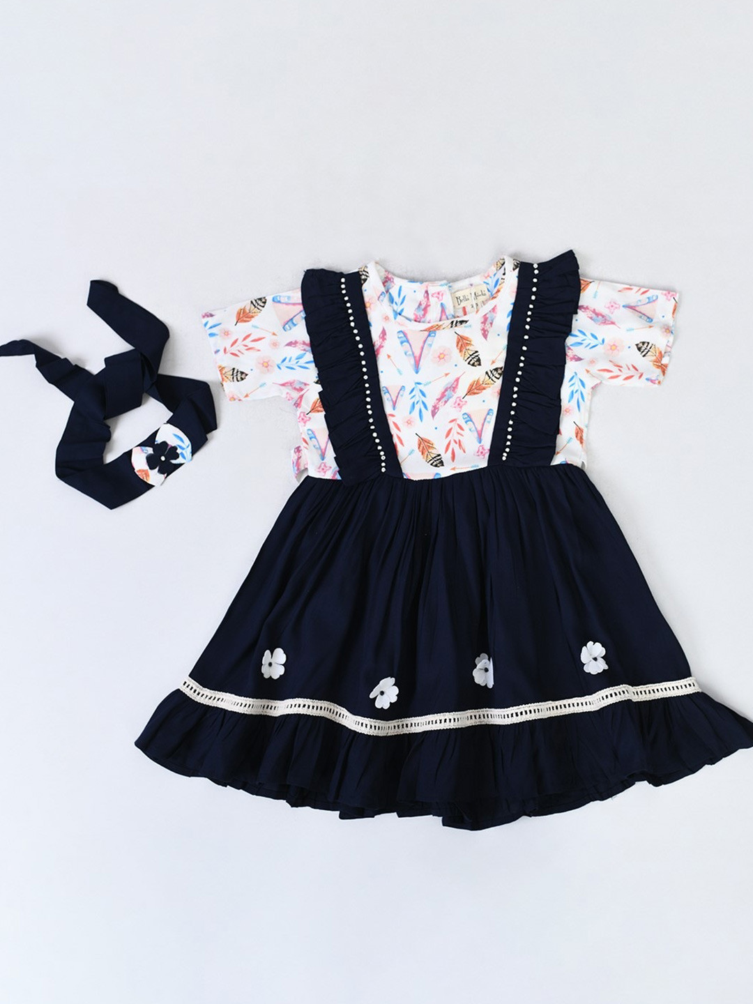 

Bella Moda Girls Conversational Printed Gather Detailed Pure cotton Fit & Flare Dress, Navy blue