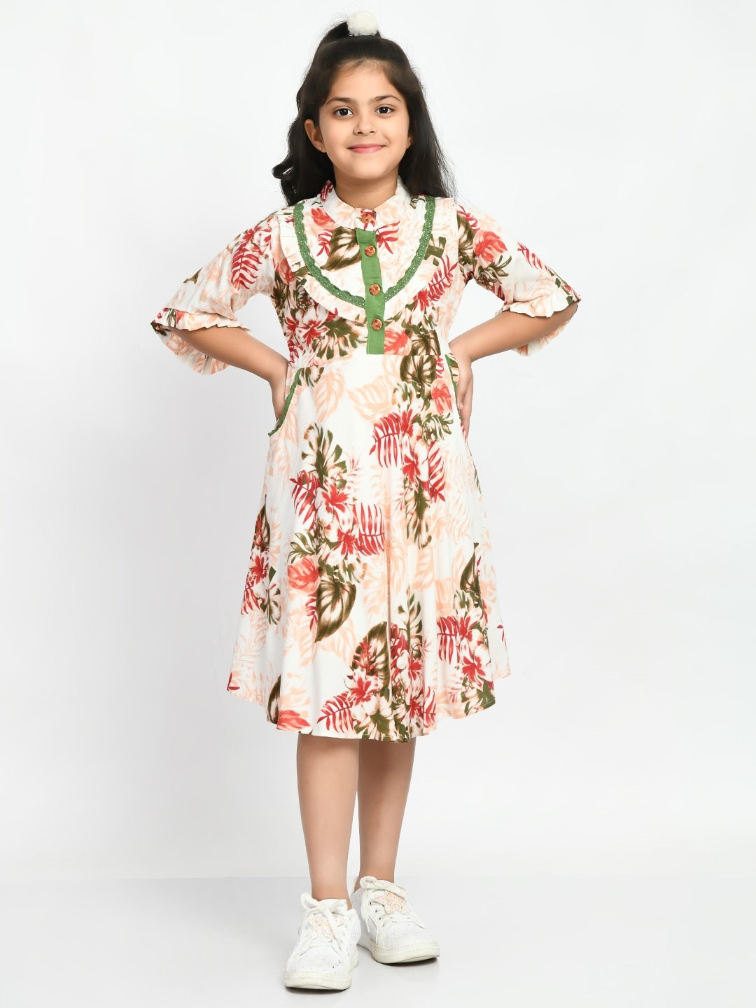 

Bella Moda Girls Floral Printed Mandarin Collar Pure Cotton Fit & Flare Dress, White